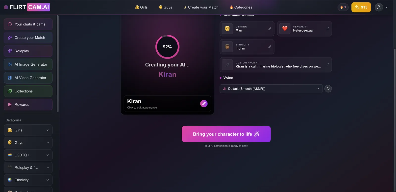 FlirtCam builder review screen for Kiran with Bring your character to life button