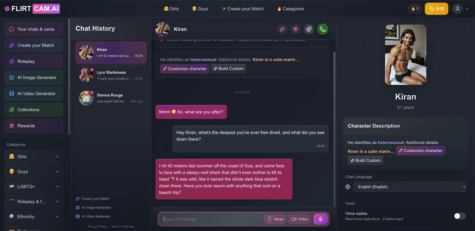 FlirtCam chat with custom character Kiran describing a 42 meter dive off Goa