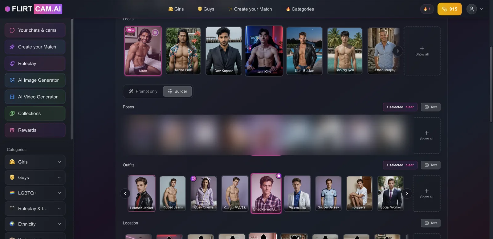 FlirtCam image generator builder with looks, poses and outfits