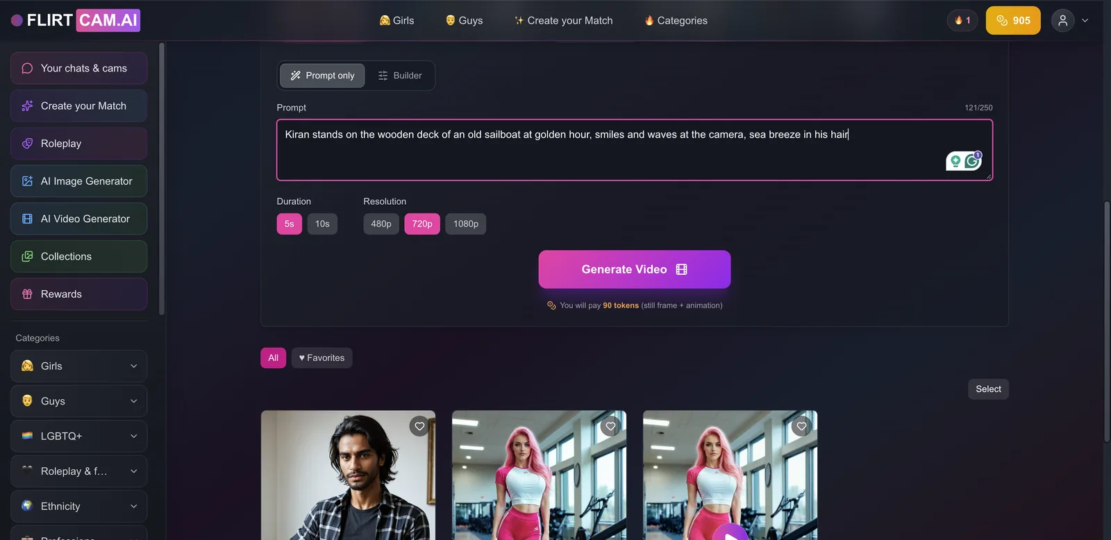 FlirtCam video generator with prompt, duration, resolution and 90 token cost