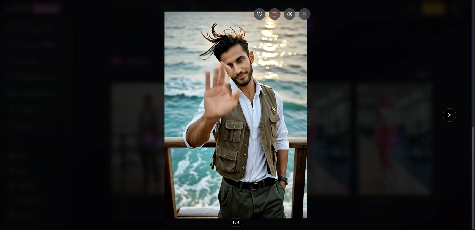 FlirtCam generated video frame of Kiran waving by the sea with wind in his hair