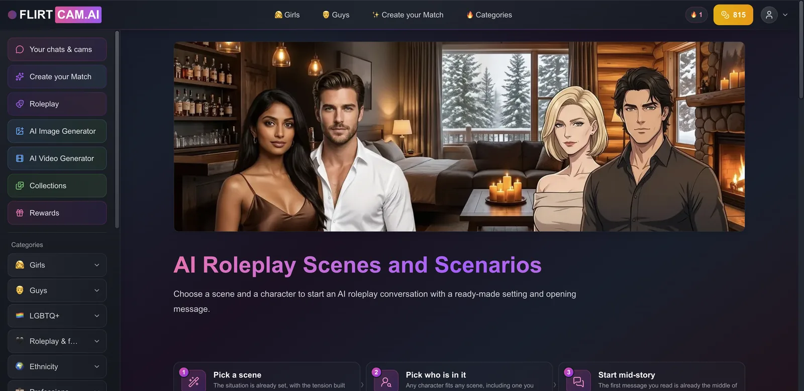 FlirtCam AI Roleplay Scenes and Scenarios page