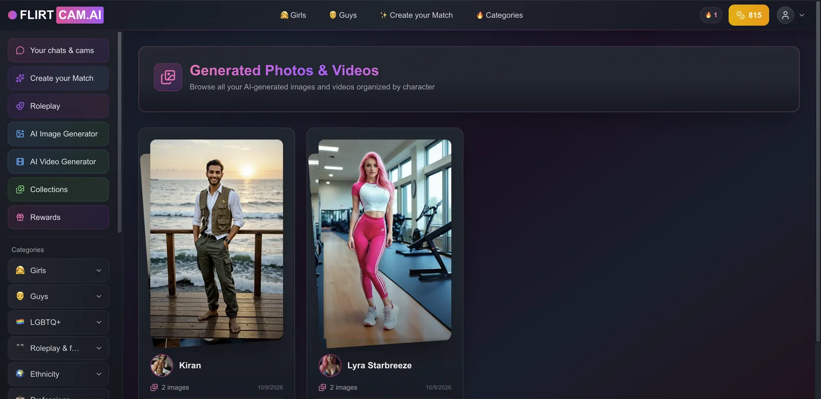 FlirtCam Collections page grouping generated media by character