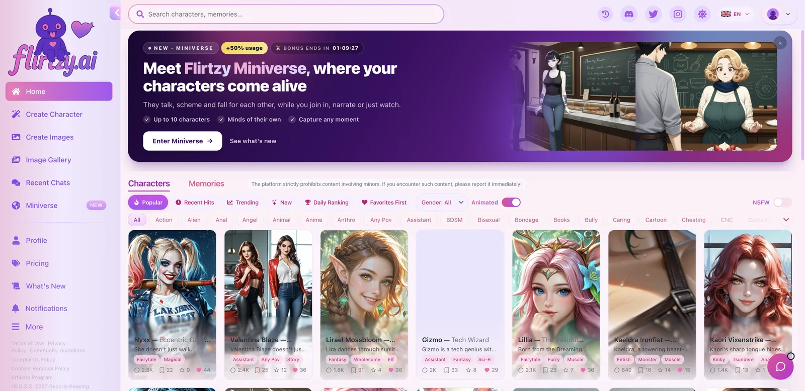 Flirtzy AI home page with Characters and Memories tabs, sorting options and character cards