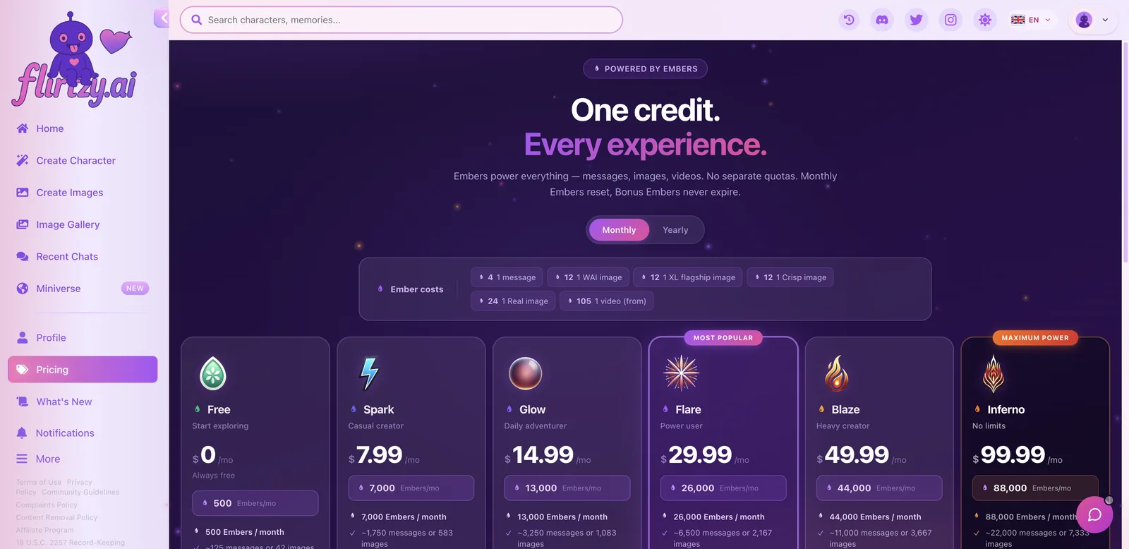 Flirtzy AI pricing plans Free, Spark, Glow, Flare, Blaze and Inferno with monthly Embers