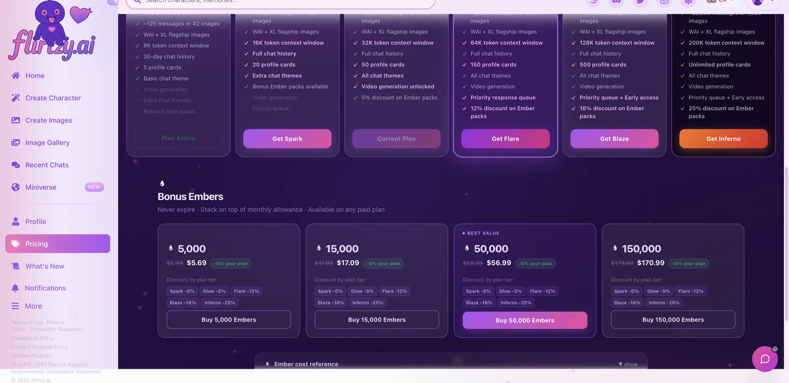 Flirtzy Bonus Ember packs from 5,000 for $5.99 to 150,000 for $179.99