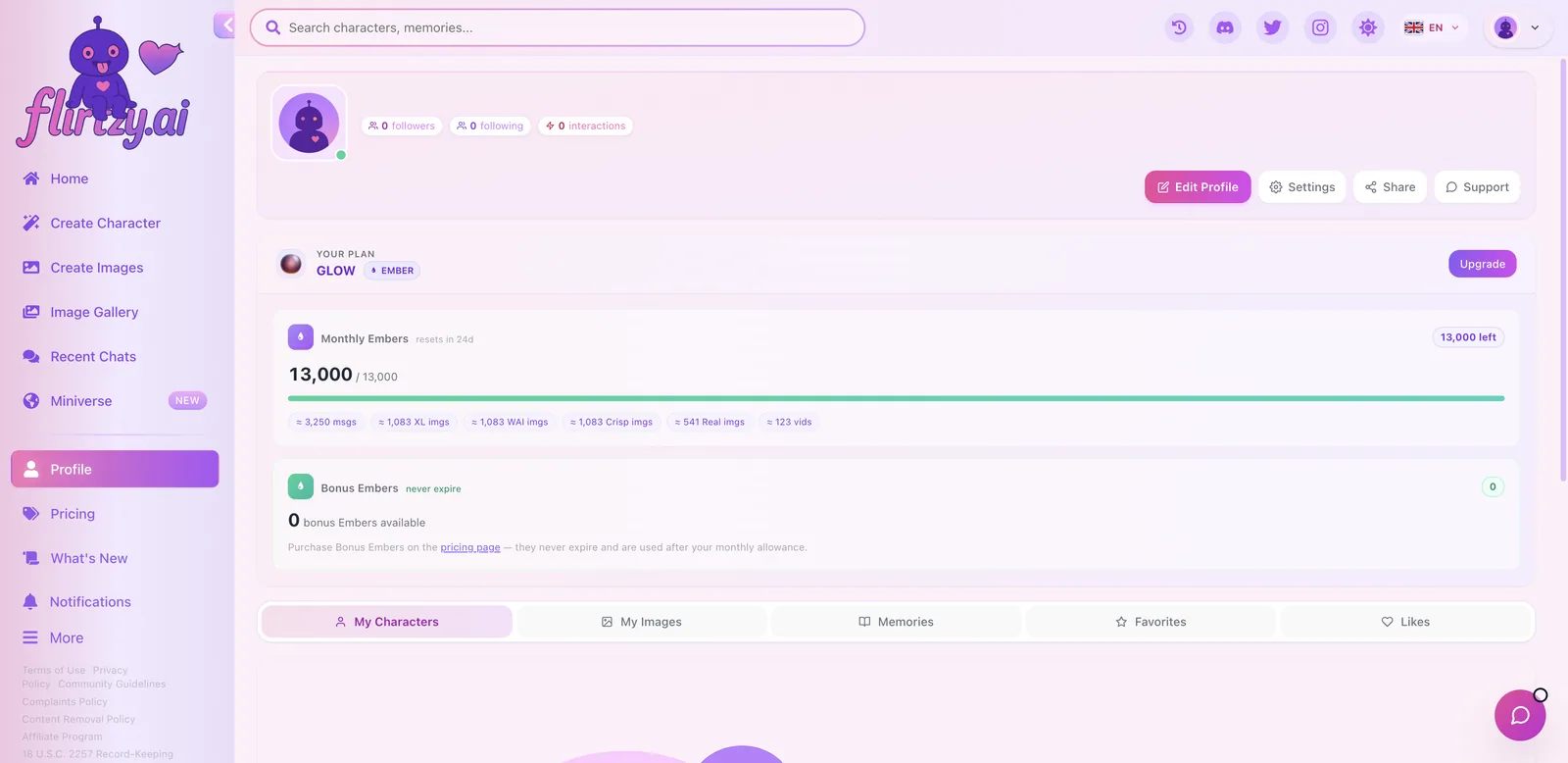 Flirtzy profile showing plan, monthly Embers balance and equivalents in messages, images and videos
