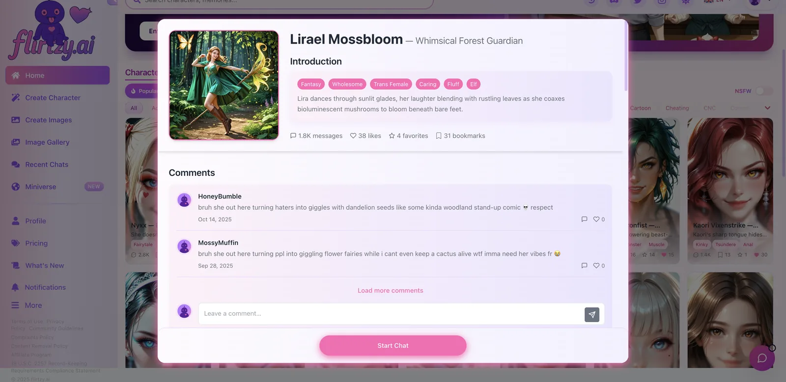 Flirtzy character card modal with intro, tags, stats and Start Chat button
