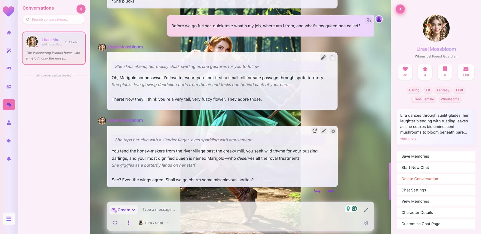 Flirtzy chat where the elf character Lirael recalls the user is a beekeeper with a queen bee named Marigold