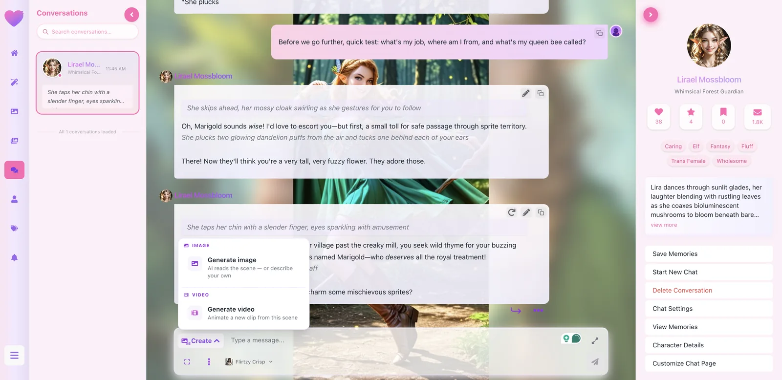 Flirtzy chat Create menu with Generate image and Generate video options