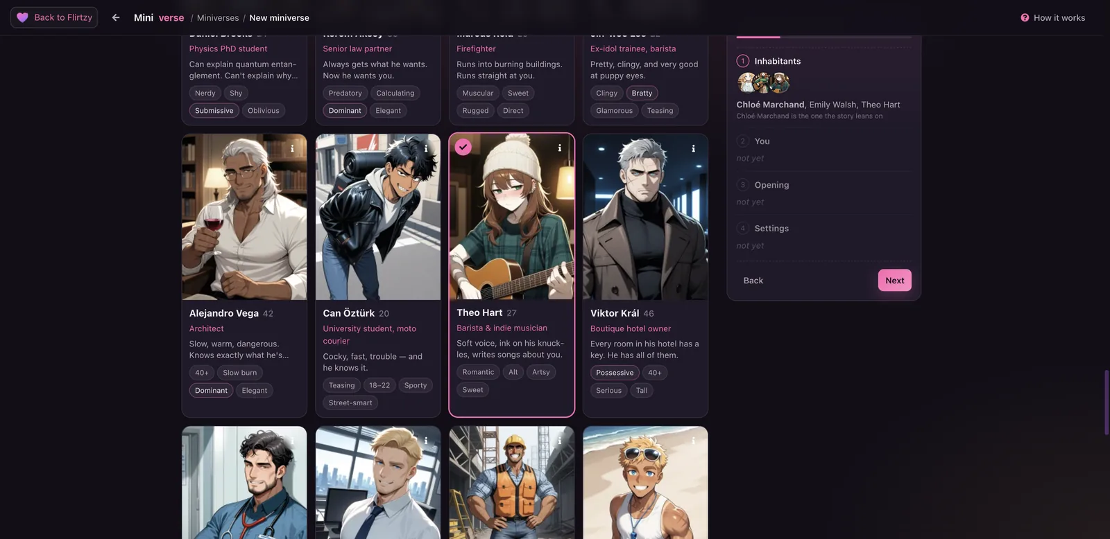 Flirtzy Miniverse inhabitants step with character filters and selected cast