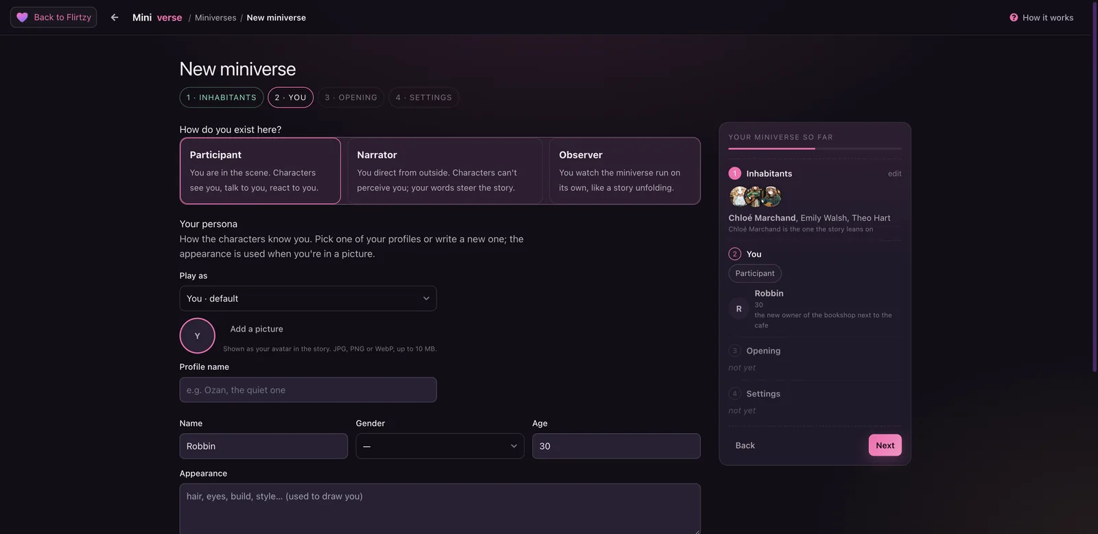 Flirtzy Miniverse You step with Participant, Narrator and Observer roles and persona fields
