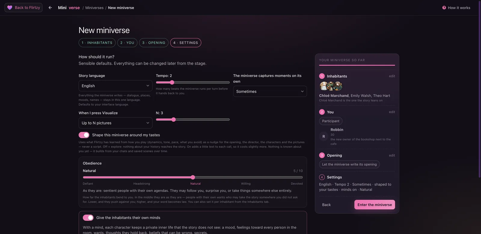 Flirtzy Miniverse settings with story language, tempo, auto captures and Obedience slider