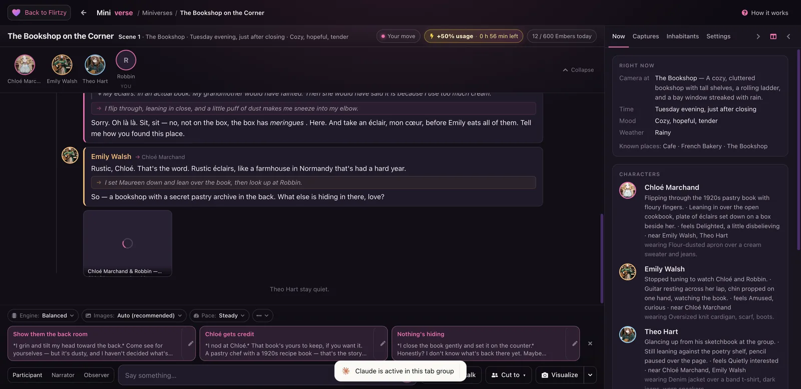 Flirtzy Miniverse scene where Chloe, Emily and Theo react to the user in a bookshop