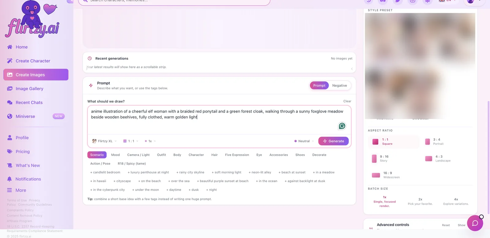 Flirtzy Create Images page with Pure prompt, Character fusion and Reference remix modes