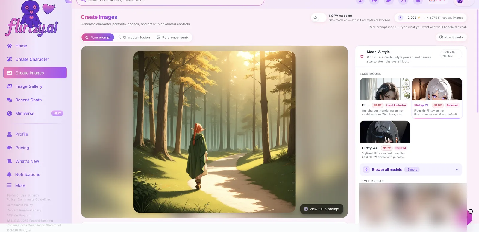 Flirtzy generated anime image of an elf in a green cloak walking a sunlit forest path