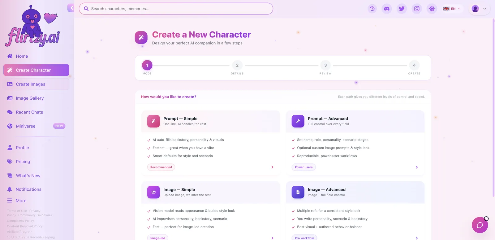 Flirtzy Create Character modes Prompt Simple, Prompt Advanced, Image Simple and Image Advanced