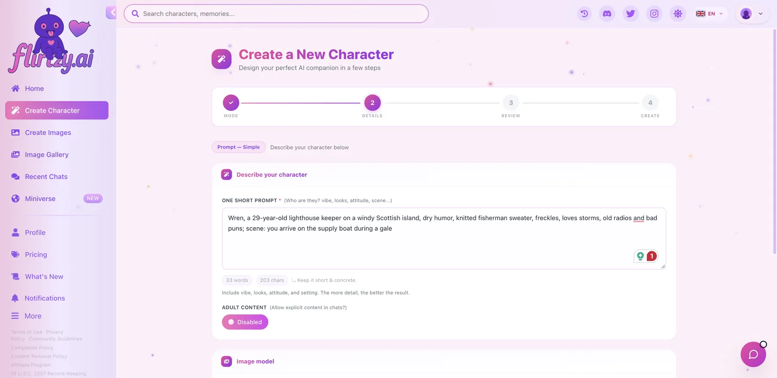 Flirtzy Prompt Simple character form with adult content toggle, image model and intro images