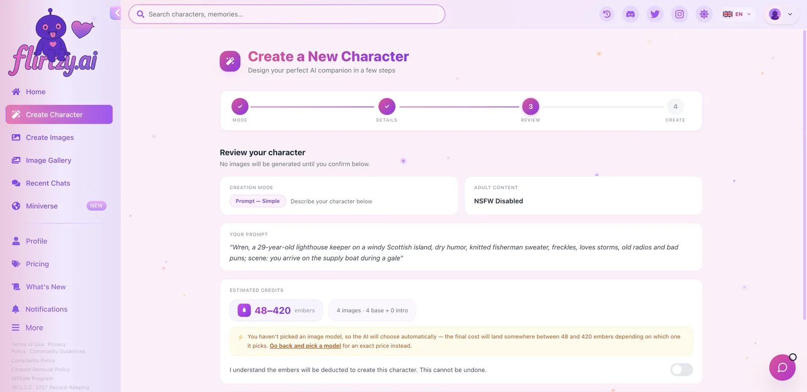Flirtzy character review screen estimating 48 to 420 Embers and explaining public publishing