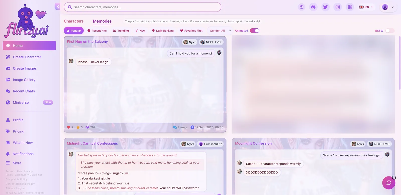 Flirtzy Memories feed of shared chat excerpts with likes, stars, views and message counts