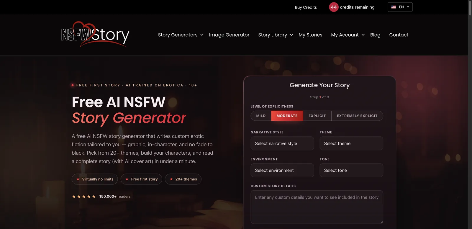 NSFWStory home page with the free AI NSFW story generator form