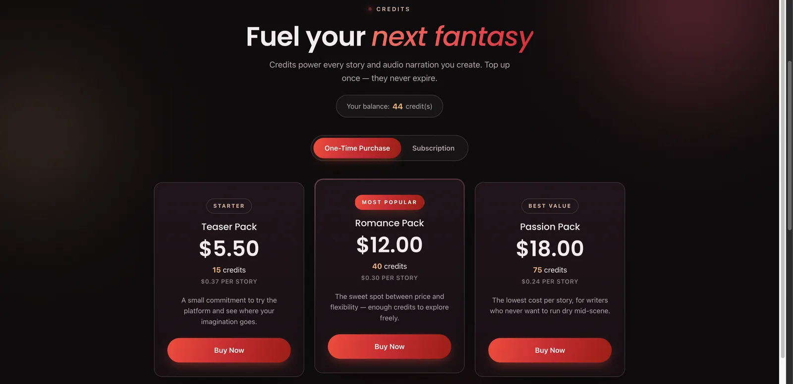 NSFWStory credit packs Teaser $5.50, Romance $12 and Passion $18