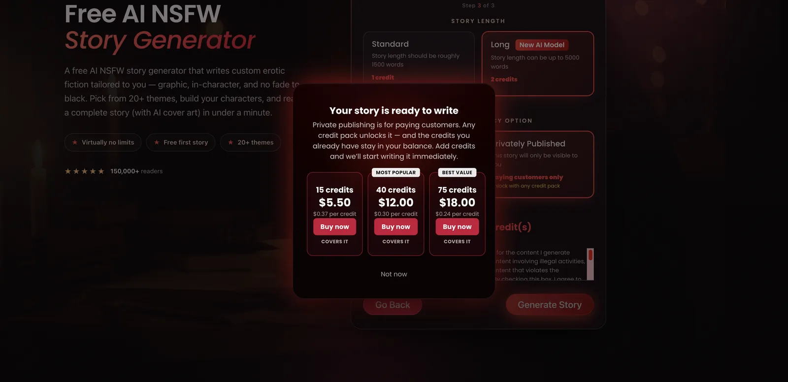 NSFWStory pop-up saying private publishing is for paying customers with credit packs