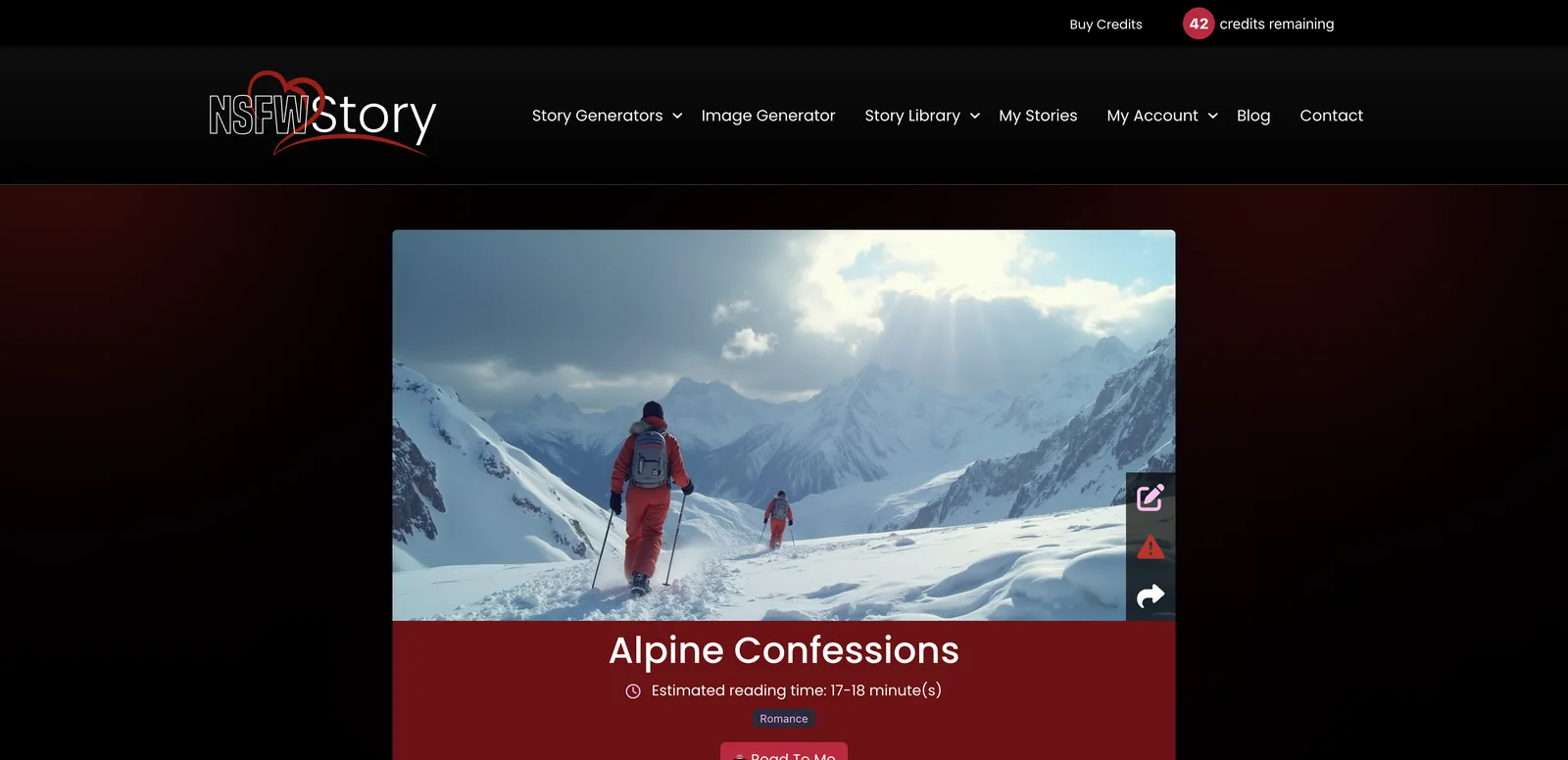 NSFWStory story page for Alpine Confessions with cover art of two skiers