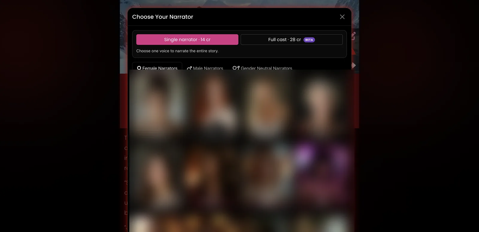 NSFWStory Choose Your Narrator dialog with single narrator 14 credits and full cast 28 credits