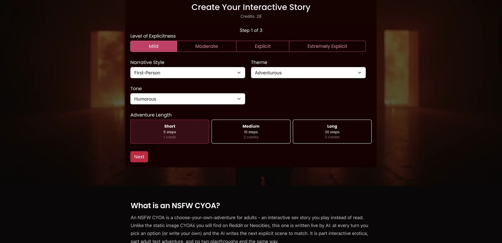 NSFWStory Create Your Interactive Story form with adventure length options