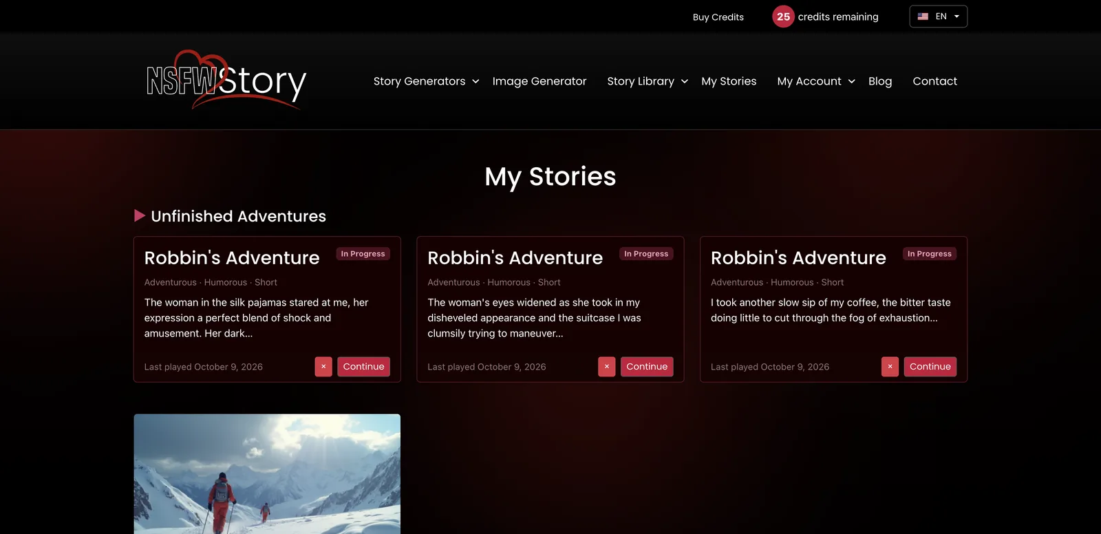 NSFWStory My Stories page with three in-progress adventures and a finished story
